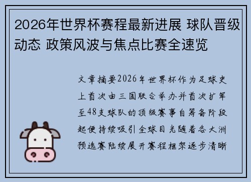 2026年世界杯赛程最新进展 球队晋级动态 政策风波与焦点比赛全速览