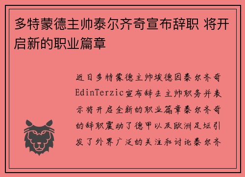 多特蒙德主帅泰尔齐奇宣布辞职 将开启新的职业篇章