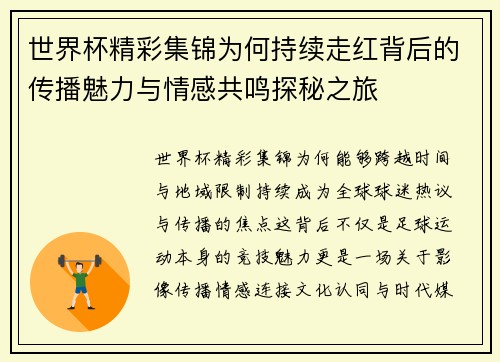 世界杯精彩集锦为何持续走红背后的传播魅力与情感共鸣探秘之旅